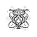 three snakes with binary code running down them, curled around two swords making a cross tattoo design idea