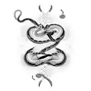 three snakes with binary code running down them, curled around two swords making a cross tattoo design idea