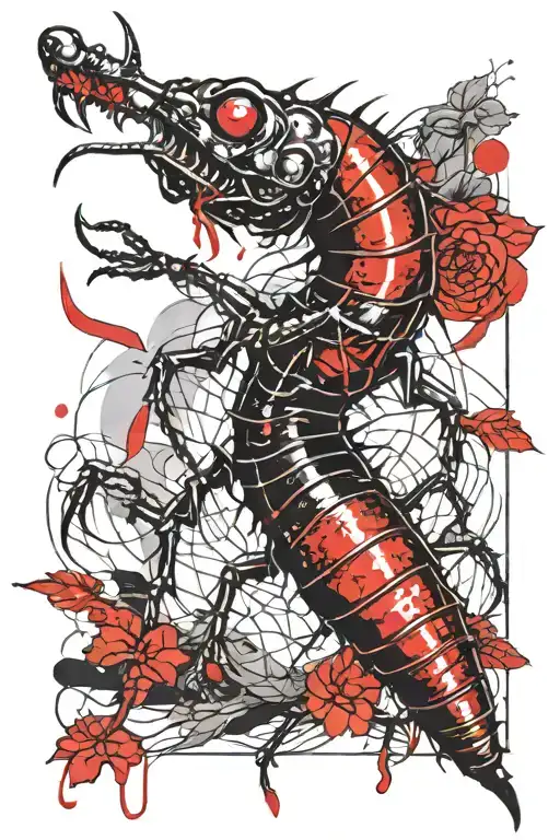 create a sketch of a centipede in black and white on the forearm, you can use the Japanese style tattoo design idea