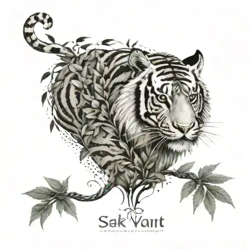 sak Yant tiger and snake watching horse in cannabis leaves tattoo design idea