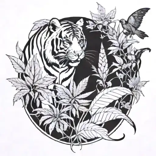 Asian tiger watching over snake and horse in cannabis field tattoo design idea