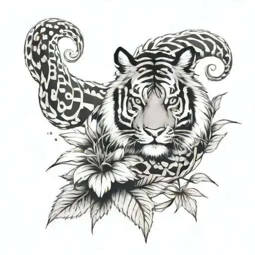 sak Yant tiger horse snake in cannabis leaf intertwined tattoo design idea