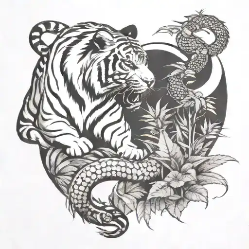 Asian tiger watching over snake and horse in cannabis field tattoo design idea