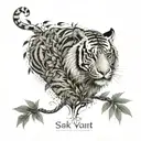 sak Yant tiger and snake watching horse in cannabis leaves tattoo design idea
