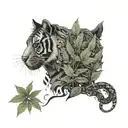 sak Yant tiger and snake watching horse in cannabis leaves tattoo design idea