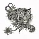 sak Yant tiger and snake watching horse in cannabis leaves tattoo design idea