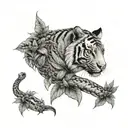 sak Yant tiger and snake watching horse in cannabis leaves tattoo design idea