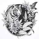 Asian tiger watching over snake and horse in cannabis field tattoo design idea