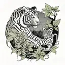Asian tiger watching over snake and horse in cannabis field tattoo design idea