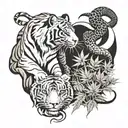Asian tiger watching over snake and horse in cannabis field tattoo design idea