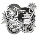 Asian tiger watching over snake and horse in cannabis field tattoo design idea