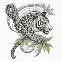 sak Yant tiger horse snake in cannabis leaf intertwined tattoo design idea