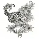 sak Yant tiger horse snake in cannabis leaf intertwined tattoo design idea