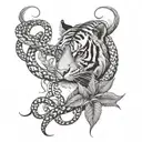 sak Yant tiger horse snake in cannabis leaf intertwined tattoo design idea