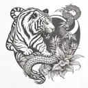 Asian tiger watching over snake and horse in cannabis field tattoo design idea