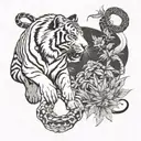 Asian tiger watching over snake and horse in cannabis field tattoo design idea