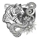 Asian tiger watching over snake and horse in cannabis field tattoo design idea