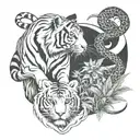 Asian tiger watching over snake and horse in cannabis field tattoo design idea