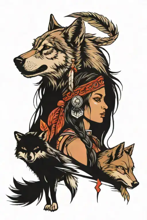 Native American girl and wolf head tattoo design idea