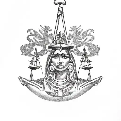 Chicano-inspired Lady Justice with Aztec motifs tattoo design idea