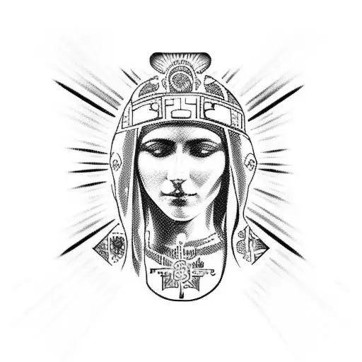 Chicano-inspired Virgin Mary surrounded by Aztec symbols tattoo design idea