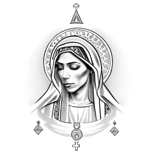 Chicano-inspired Virgin Mary surrounded by Aztec symbols tattoo design idea