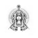 Chicano-inspired Virgin Mary surrounded by Aztec symbols tattoo design idea