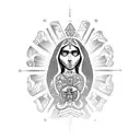 Chicano-inspired Virgin Mary surrounded by Aztec symbols tattoo design idea