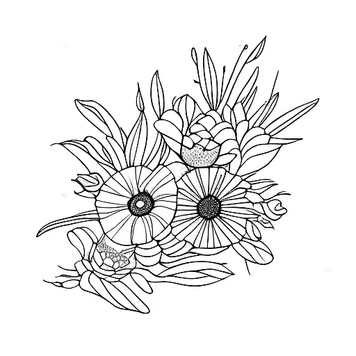 bouquet of birth month flowers of march, july and september tattoo design idea