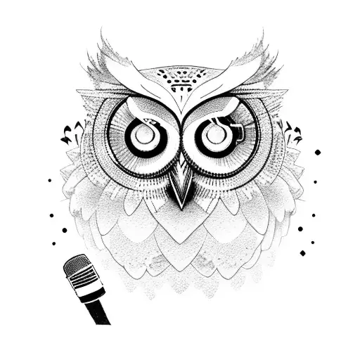 Owl with a microphone and musical notes tattoo design idea
