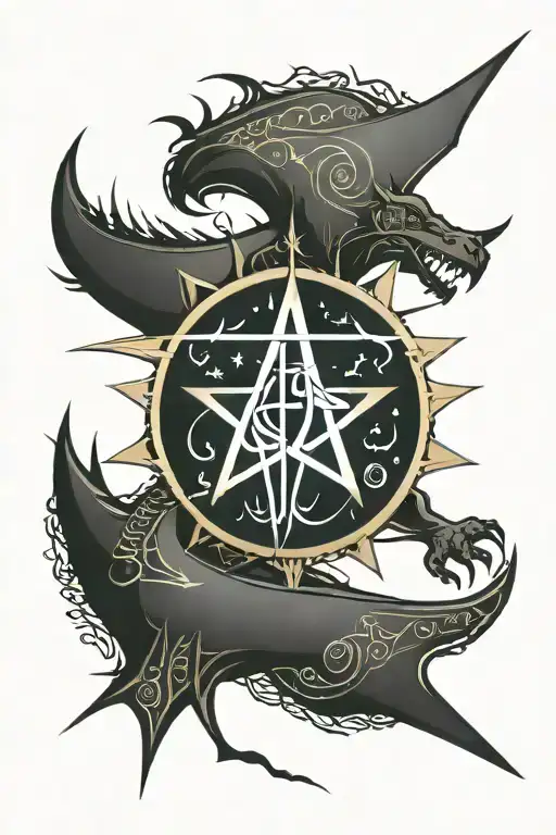 tawakkul in Arabic calligraphy with the star crescent and under the star crescent two Zulfiqarswords crossing/khatamstar tattoo design idea