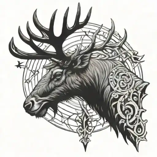 Design a tattoo featuring a majestic elk with antlers intertwined with arrows, representing your interest in archery hunting and wildlife tattoo design idea