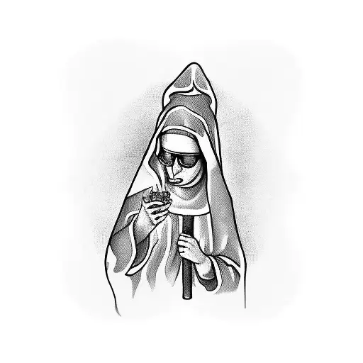 a nun smoking weed holding an upside down cross tattoo design idea