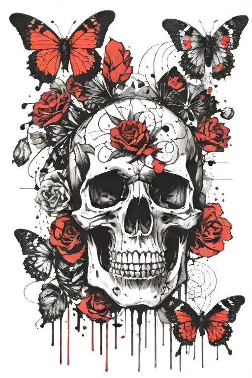 skull, flowers, locust moth blended tattoo design idea