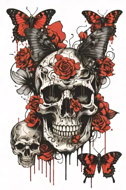 skull, flowers, locust moth blended tattoo design idea