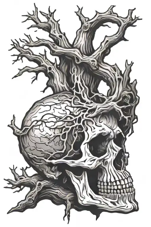 dead tree driftwood with skull  tattoo design idea