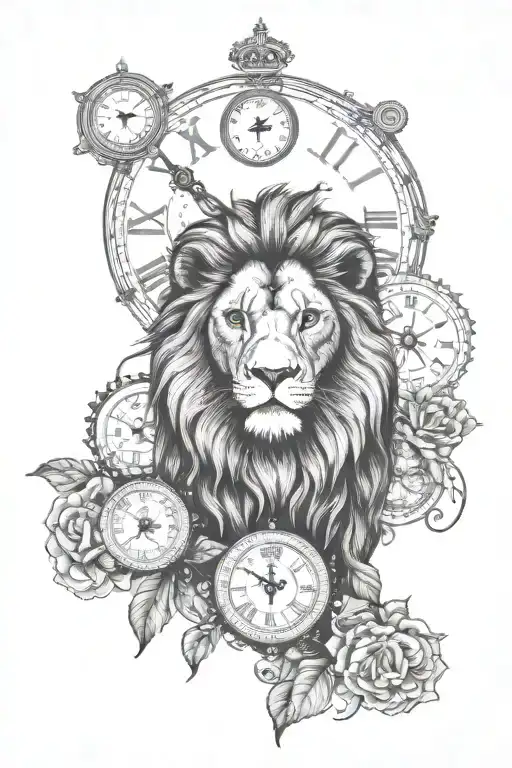 lion, compas and clock face tattoo design idea