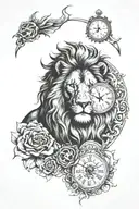 lion, compas and clock face tattoo design idea