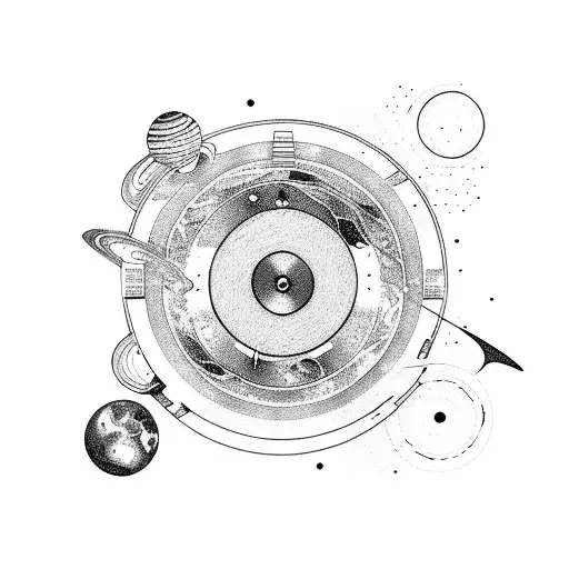 A cosmic DJ booth with planets spinning as vinyl records tattoo design idea