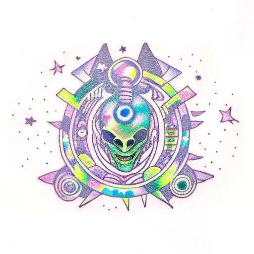 A cosmic rave scene with alien dancers and pulsating lights tattoo design idea