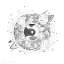 A cosmic DJ booth with planets spinning as vinyl records tattoo design idea