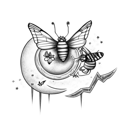 A delicate butterfly resting on a crescent moon, surrounded by twinkling stars and accompanied by a friendly bee. tattoo design idea