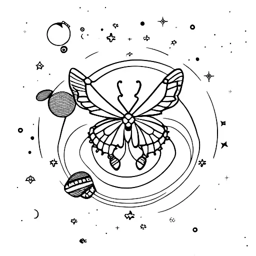 A delicate butterfly resting on a crescent moon, surrounded by twinkling stars and accompanied by a friendly bee. tattoo design idea
