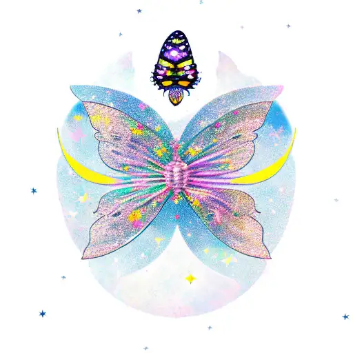 A delicate butterfly resting on a crescent moon, surrounded by twinkling stars and accompanied by a friendly bee. tattoo design idea