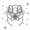 A delicate butterfly resting on a crescent moon, surrounded by twinkling stars and accompanied by a friendly bee. tattoo design idea