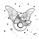 A delicate butterfly resting on a crescent moon, surrounded by twinkling stars and accompanied by a friendly bee. tattoo design idea