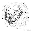 A delicate butterfly resting on a crescent moon, surrounded by twinkling stars and accompanied by a friendly bee. tattoo design idea