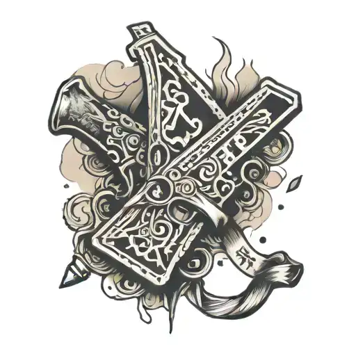 Ace of spades gun with cracks and a ribbon saying "i make my own fate" flowing around it  tattoo design idea