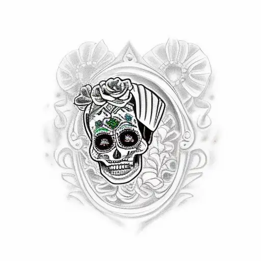 A Day of the Dead-inspired tattoo featuring a mariachi band playing music in front of a Santa Maria ship tattoo design idea
