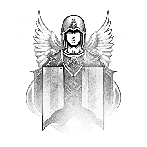 male guardian angel with a sword and shield tattoo design idea